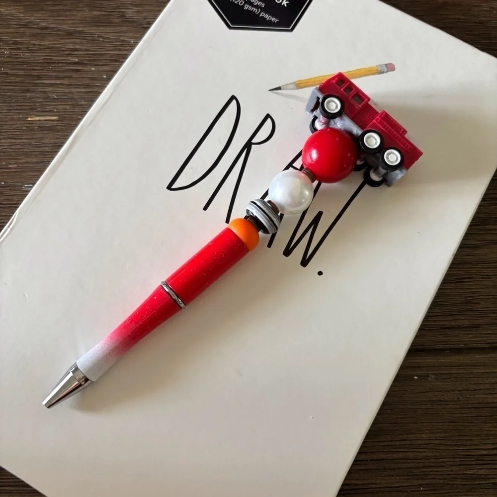 Fire Truck handmade beaded pen